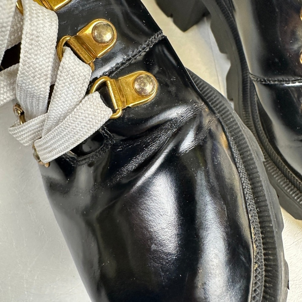 Gucci Combat Boots Black Patent Leather Lug Sole Gold Hardware Women's 7.5 - Picture 15 of 16